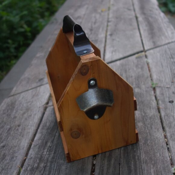 Wood Bottle Caddy with Metal Carrying Handle and Mounted Metal Bottle Opener - Picture 1 of 16